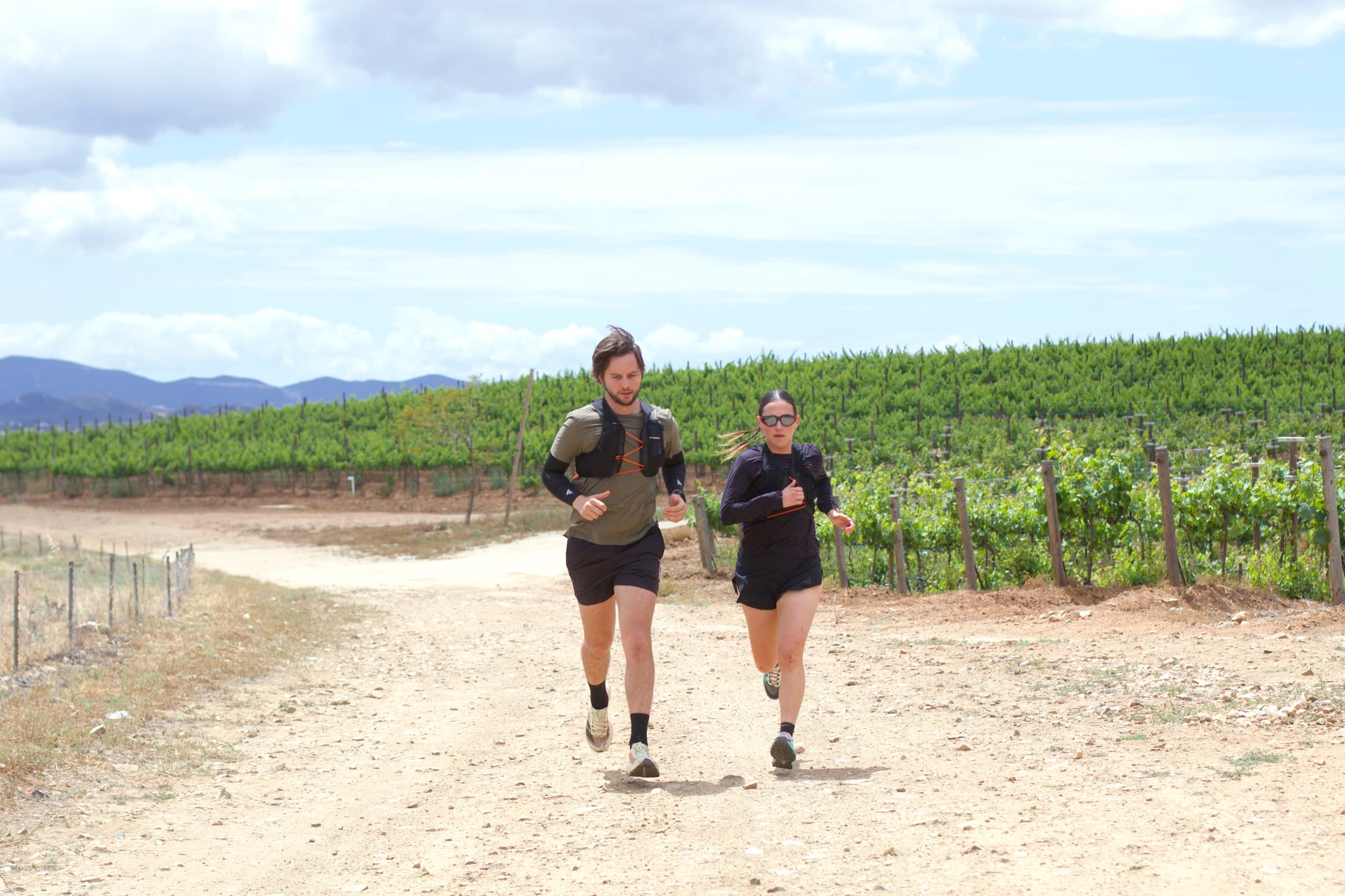 Runners on a vineyard road at Valle de Guadalupe, mountains and vines stretching to the horizon.